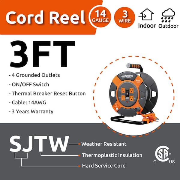 Link2Home Cord Reel 35 ft. Extension Cord 4 Power Outlets - 14 AWG SJTW  Cable. - Bed Bath & Beyond - 27889346