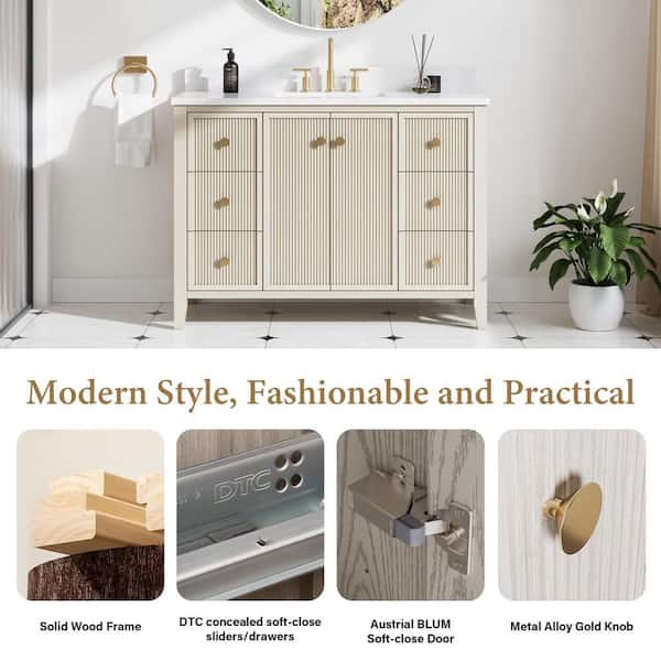 48 in. W Single Sink Solid Wood Bath Vanity in ASH with White Engineered Quartz Top, Soft-Close