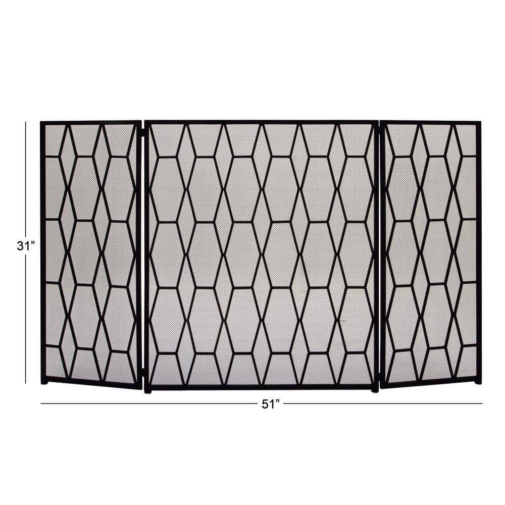 Black Geometric Iron Mesh Three-Panel Foldable Fireplace Screen