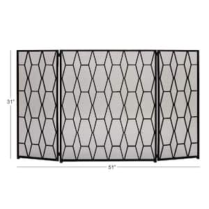 Black Metal Geometric Foldable Mesh Netting 3 Panel Fireplace Screen
