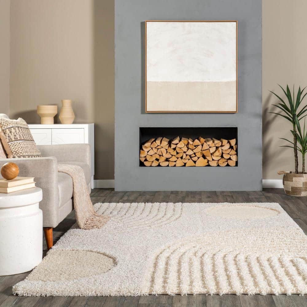 Beige and Off-White High Pile Abstract Shag Runner Rug