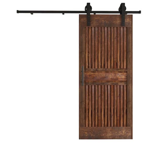 COAST SEQUOIA INC 36 in. x 84 in. Half Grille Screwed Design Embossing Dark Walnut Knotty Wood Sliding Door with Hardware Kit