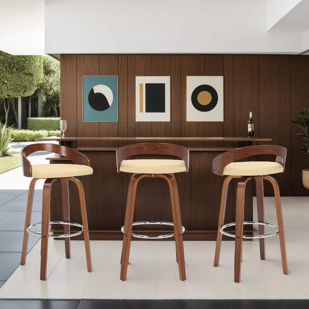 Cream Faux Leather and Walnut Wood Swivel Bar Stool, 30"