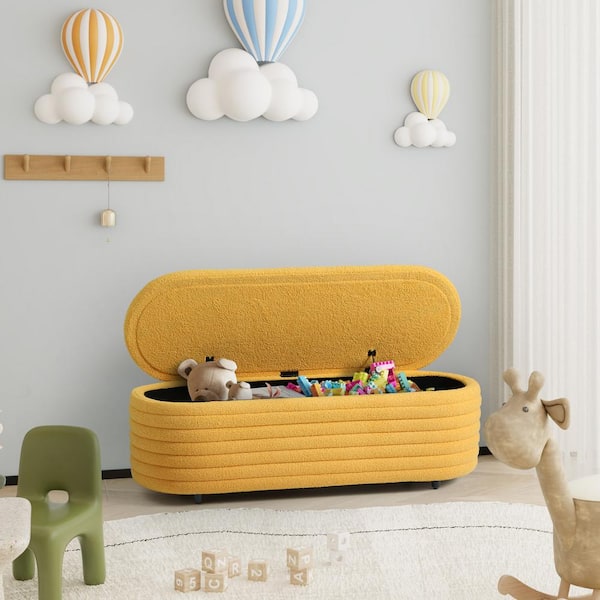 Bayville 54 in. Wide Oval Sherpa Upholstered Entryway Flip Top Storage Bedroom Accent Bench in Sunset Gold