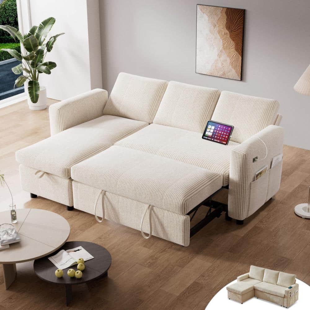 81" Sleeper Sofa Bed with Pull Out Bed L-Shaped Couch Sectional Sleeper Sofa,Corduroy Beige