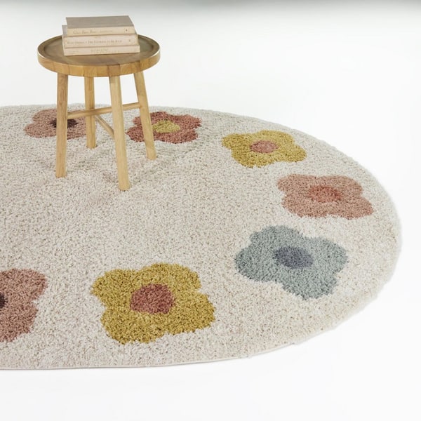 Laurel Coral/Yellow 6 ft. 7 in. x 9 ft. Oval Kids Flower Border Area Rug