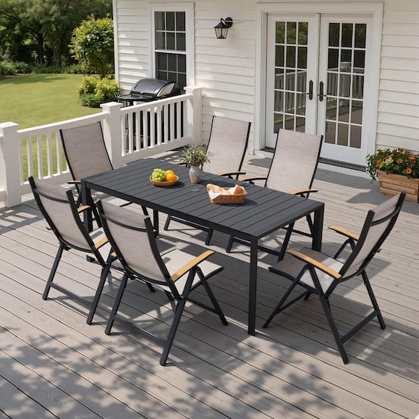 composite slatted patio dining table umbrella hole PHI VILLA Round w/Umbrella Hole, Metal Table for 6, Black 18.90 W * 19.29 D Overall size(Armless chair) Nuu Garden 41'' Round Metal