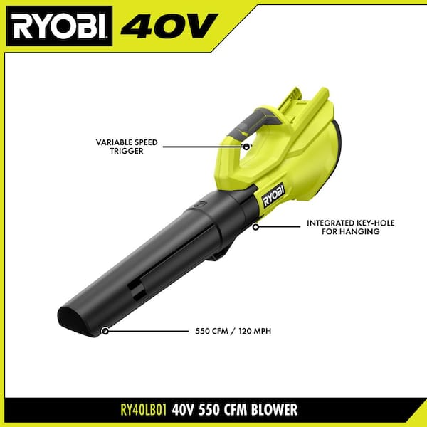 RYOBI 40V 120 MPH 550 CFM Cordless Battery Blower With 4.0 Ah Battery and Charger