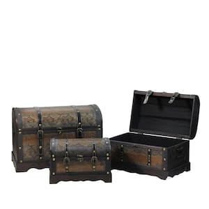 22.5 in. Decorative Antique Brown Wood and Faux Snakeskin Storage Boxes (Set of 3)