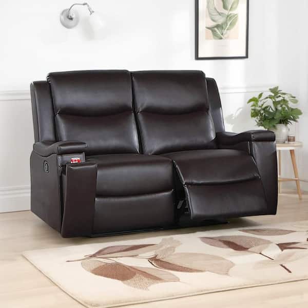 Renna Espresso Brown Faux Leather Glider Recliner Manual Loveseat with Cup Holders