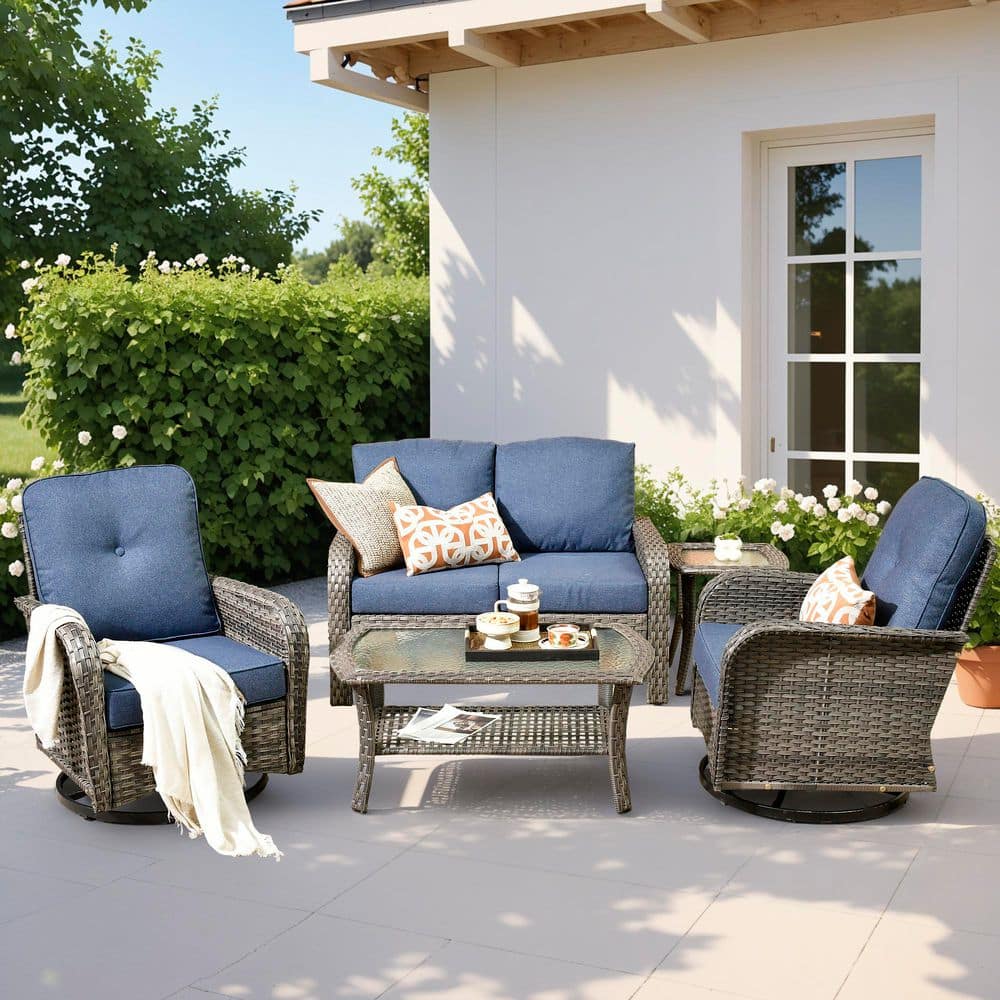 Meis Gray 5-Piece Wicker Patio Conversation Set with Denim Blue Cushions and Swivel Chairs price history on PriceWatchPro