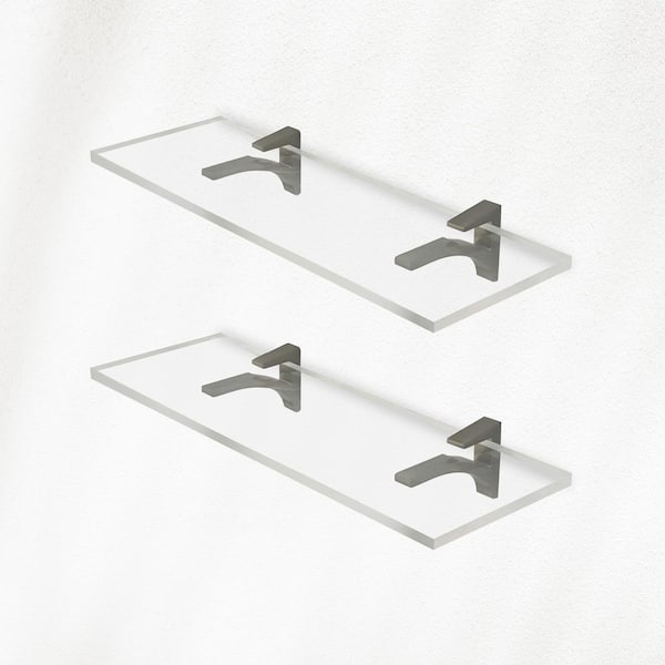 Fab Glass and Mirror 6 in. W. x 0.75 in. H x 14.5 in. D Wall Mounted Clear Acrylic Rectangular Shelf in Brushed Nickel Brackets Pack of 2