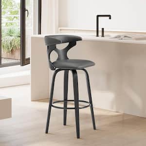 Zenia 30 in. Bar Height Stool W/ High Back Swivel Bar Stool in Grey Faux Leather and Black Wood
