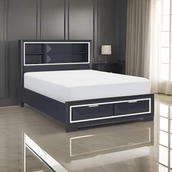 Benjara Rosy Midnight Blue and Chrome Wood Frame Queen Size Platform Bed