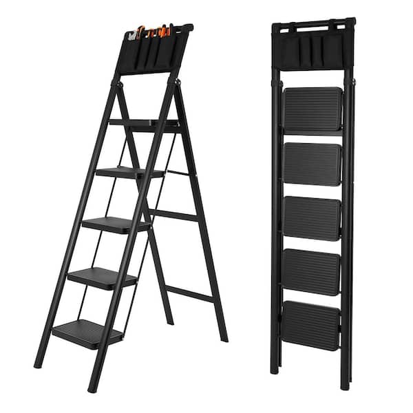 5 Step Ladder Steel Folding Step Stool Ladder with Tool Bag, 550 lbs. Load Capacity (11 ft. Reach Height)