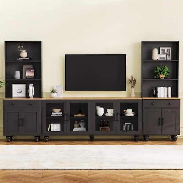 Black plus Dark Walnut TV Stand Fits TV's up to 70 in. with Solid Wood Gourd-Shaped Legs