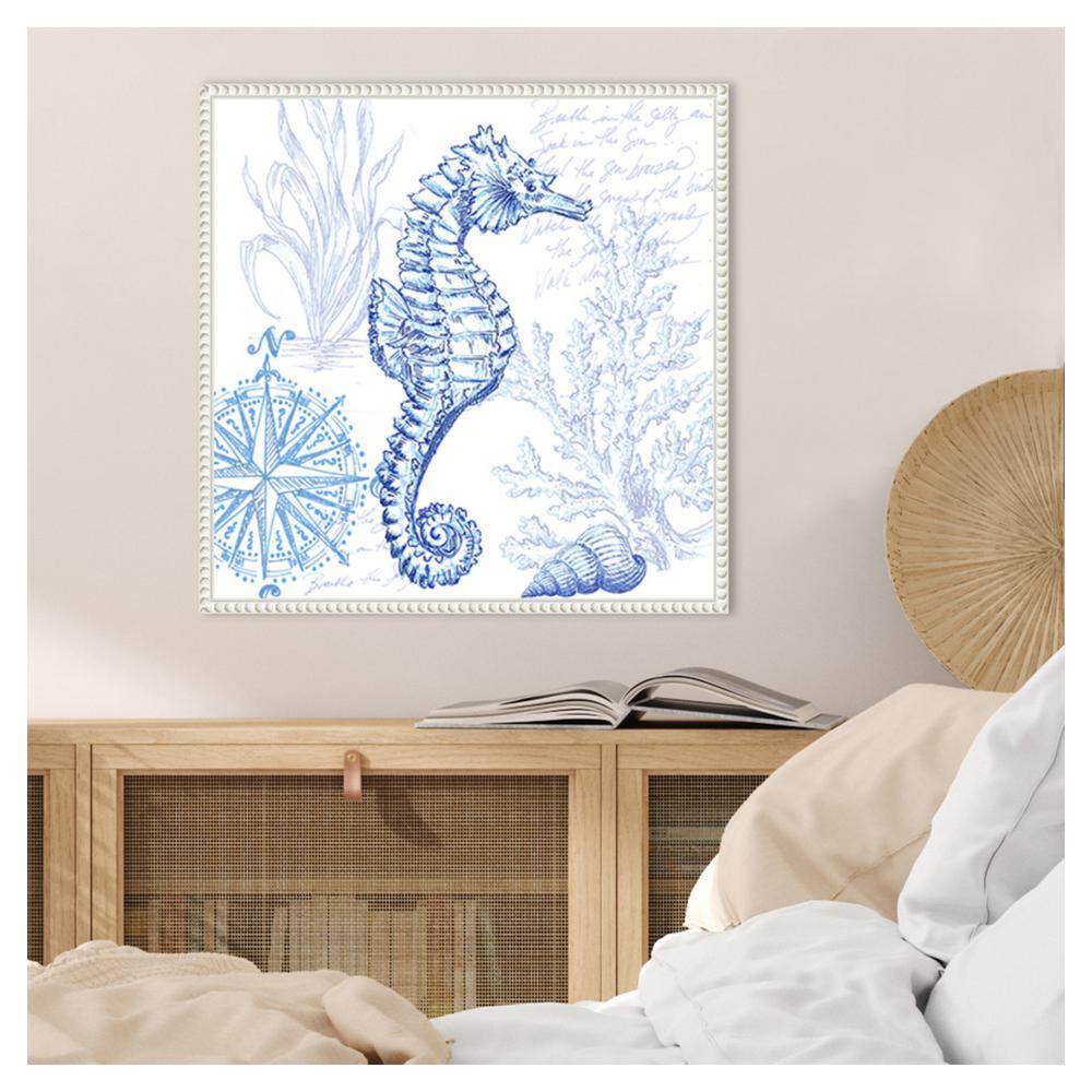 22" Coastal Sketchbook Sea Horse Blue and White Canvas Print