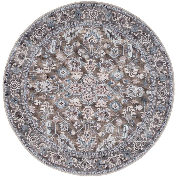 Unbranded Machine Washable Olive Ivory 4 ft. x 4 ft. Series 1 Distressed Traditional Round Area Rug