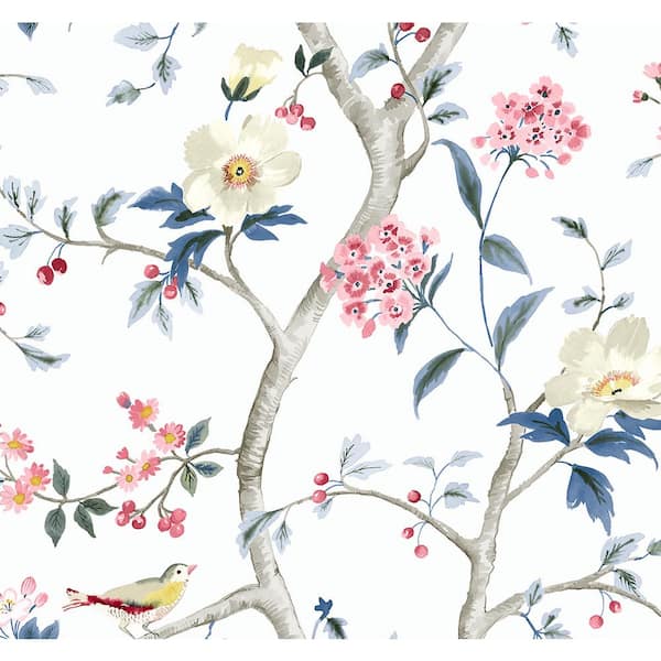 60.75 sq. ft. Coastal Haven Riviera Blue & Berry Sparrow Embossed Vinyl Unpasted Wallpaper Roll