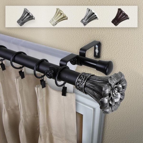 Rod Desyne 28 in. - 48 in. 1 in. Blossom Double Curtain Rod Set in Black