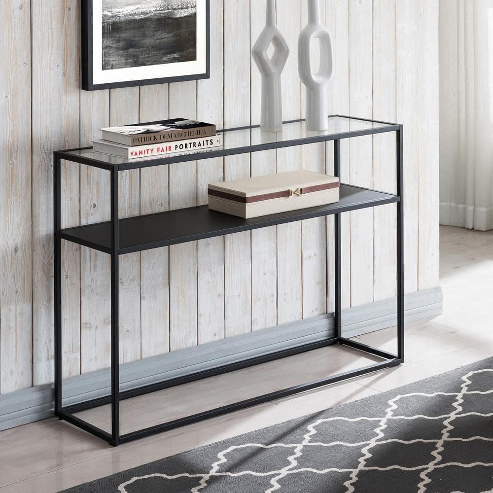 Blackened Bronze Glass Top Console Table with Metal Shelf