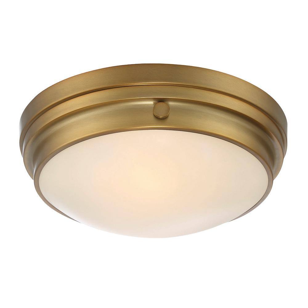 Warm Brass and White Glass 2-Light Flush Ceiling Light