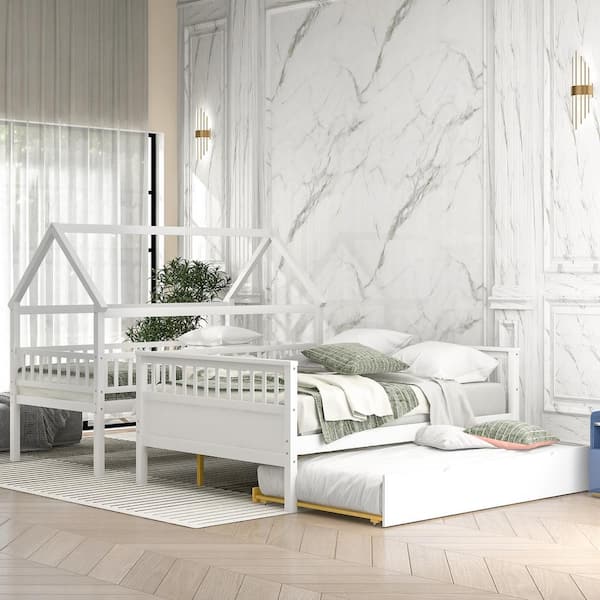 ANBAZAR White Detachable Twin Over Full Floor Kids Bunk Bed with Trundle and Staircase, Wood House Bunk Bed Frame with Guardrail