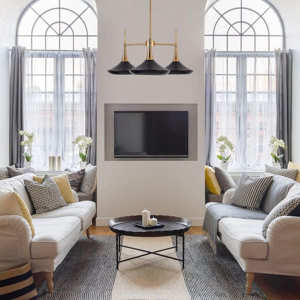 Mid-Century Island Chandelier Modern 3-Light Black and Brass Dining Room Hanging Pendant Light with Bell Metal Shades