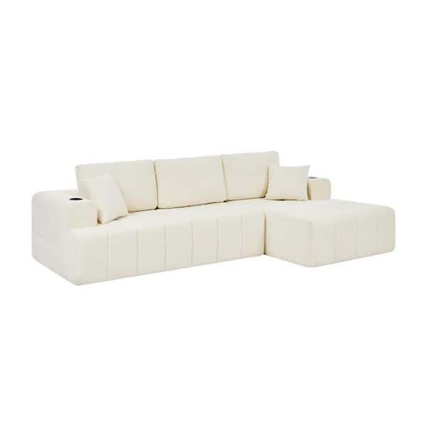 Caroun 108.3 in. W L-Shaped Square Arm Chenille Modular Sectional Sofa in Beige with Side Pockets