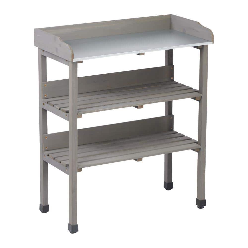 30 in. W x 35.5 in. H Grey Solid Wood Potting Table, 3 Layers Outdoor Work Bench with Hook for Garden