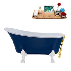 55 in. Acrylic Clawfoot Non-Whirlpool Bathtub in Matte Dark Blue With Glossy White Clawfeet And Polished Gold Drain