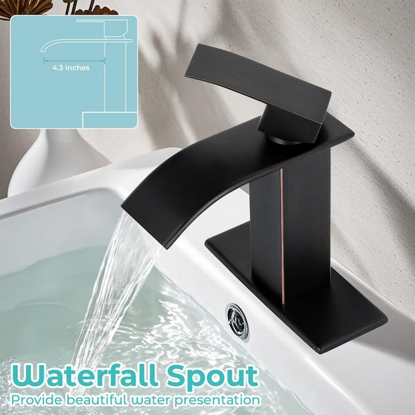 Waterfall Spout Single Handle Single Hole Bathroom Faucet with Deckplate and Pop-up Drain in Oil Rubbed Bronze