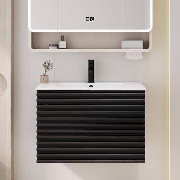 30 in. W x 18.3 in. D x 19.7 in. H Floating 1-Sink Bath Vanity in Black with White Ceramic Top and Drain Faucet Set