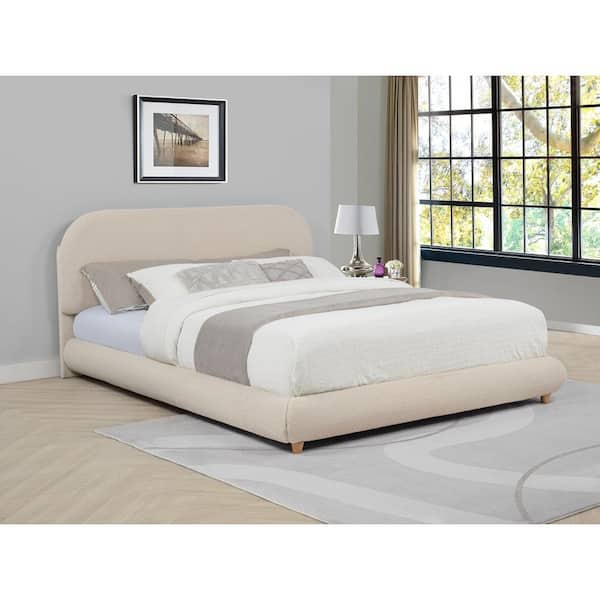 Ollo Beige Wood Frame Queen Platform Bed with Fleece Upholstery