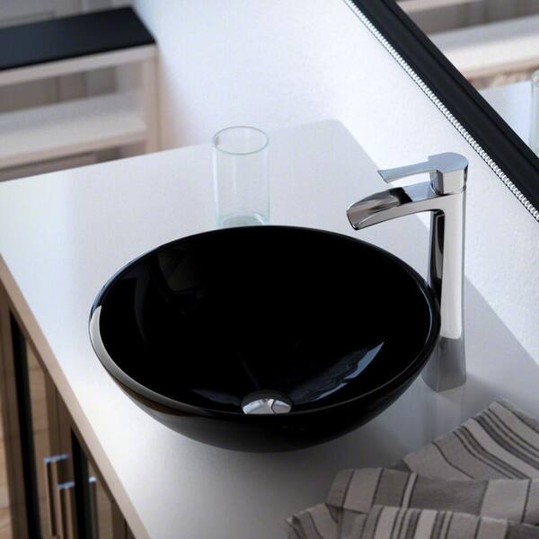 MR Direct Glass Vessel Sink in Black with 731 Faucet and Pop-Up Drain in Chrome