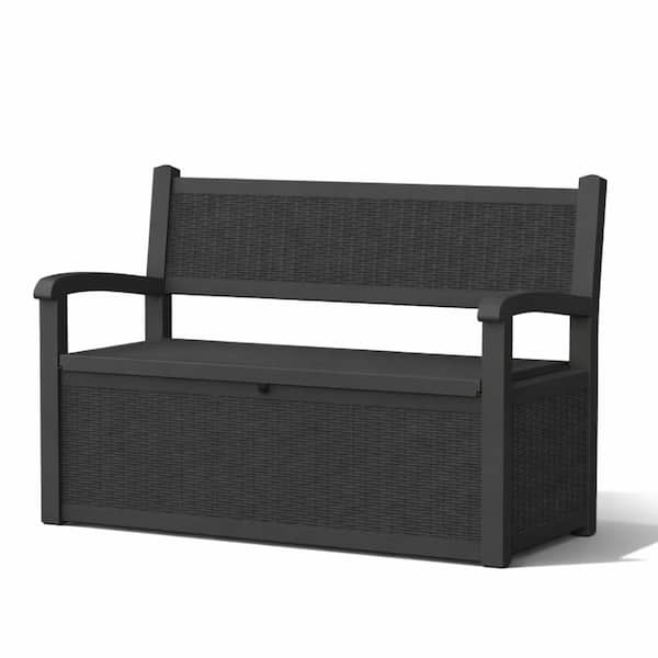 80 Gallon Outdoor Storage Bench With Backrest, Rattan-style Resin, 2-person