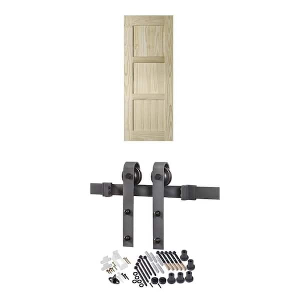 37 in. x 84 in. Pine Barn Door Slab and 78.75 in. Black Steel Track Hardware Kit