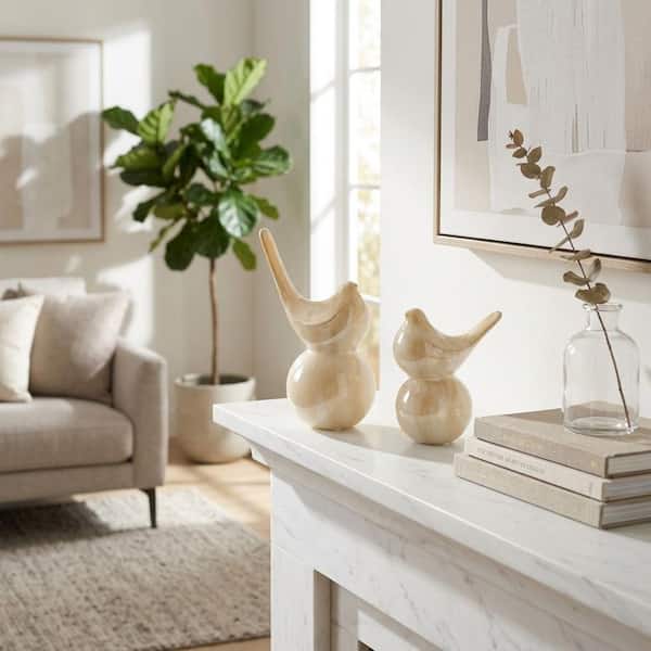 Tan/Ivory 6 in. x 9 in. and 6 in. x 7 in. Ceramic Decorative Bird Statue with Bird Feeder Design (Set of 2)