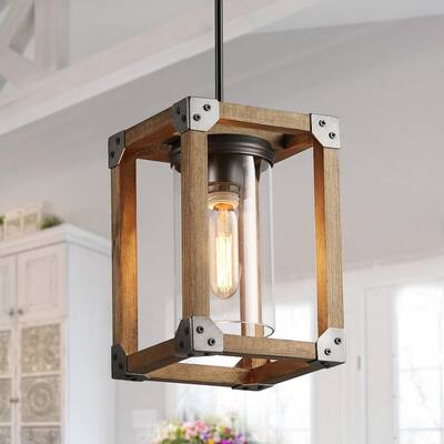 1-Light Textured Brown and Brushed Silver Farmhouse Pendant Light Wood Hanging Lantern with Clear Glass and Down Rods