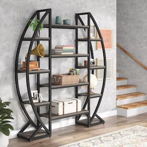 Eulas 69.48 in. Tall Gray Wood Triple Wide 12-Shelf Etagere Bookcase, Industrial Bookshelf with Storage for Living Room