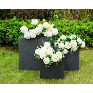 16 in. x 12 in. and 10 in. W Square Charcoal Lightweight Concrete/Fiberglass Indoor Outdoor Elegant Planters (Set of 3)