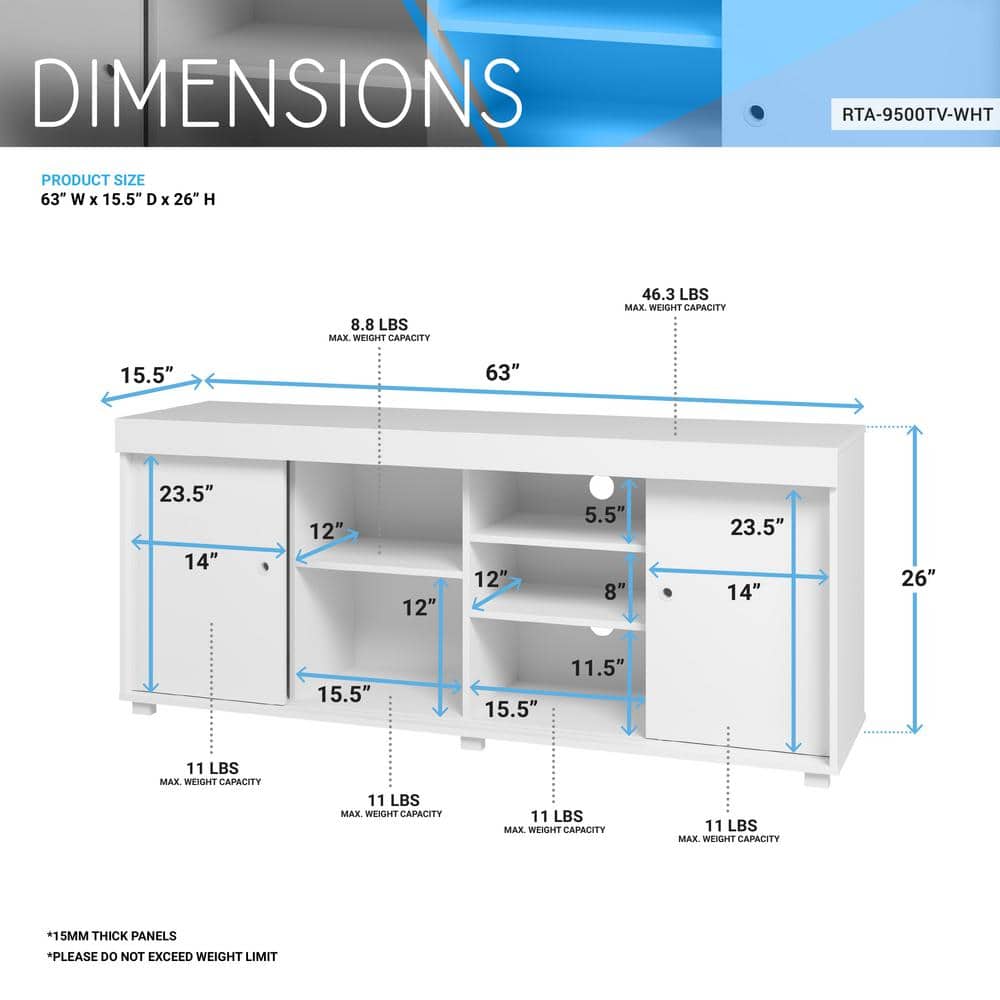 Modern White Particleboard TV Stand with Open Shelves and Cabinet