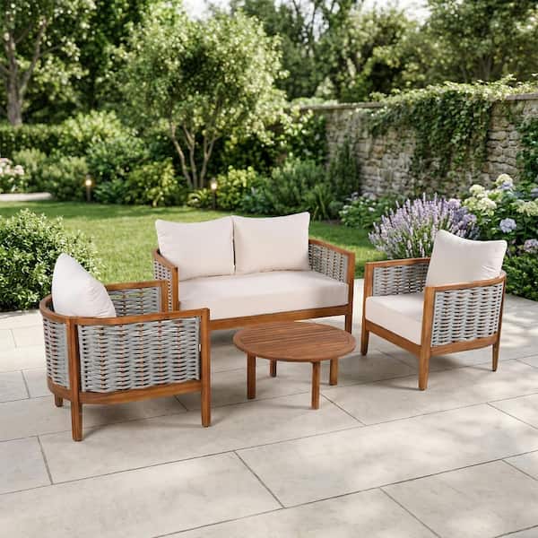 Sudzendf Teak 4-Piece Acacia Wood Outdoor Patio Conversation Set with ...
