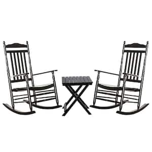 Black Wood Outdoor Rocking Chair, Traditional Porch Patio Rocker with Small Foldable Side Table (Set of 3)