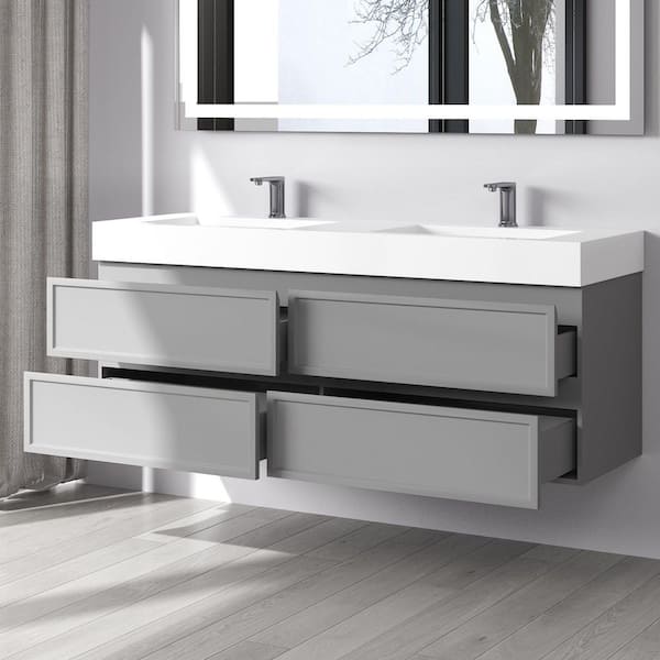59 in. W x 19 in. D x 24 in. H Double Sink Wall Mounted Floating PVC Bath Vanity in Gray with White Solid Surface Top