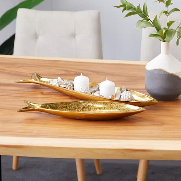 CosmoLiving by Cosmopolitan Gold Aluminum Fish Decorative Tray (Set of 2)