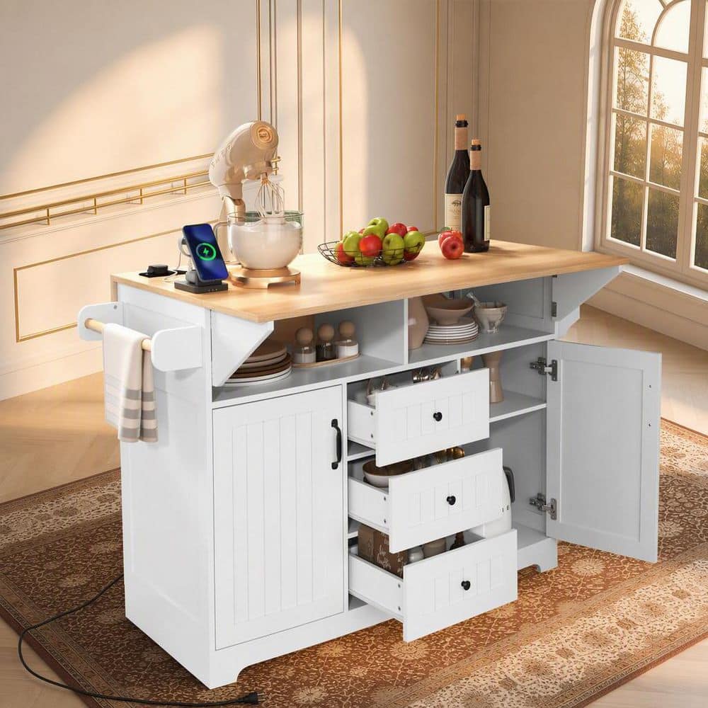 Farmhouse White Wood 55.7 in. Power Outlet Dual Drop-Leaf Rolling Kitchen Island Storage Cart with 3-Drawer and 2-Door