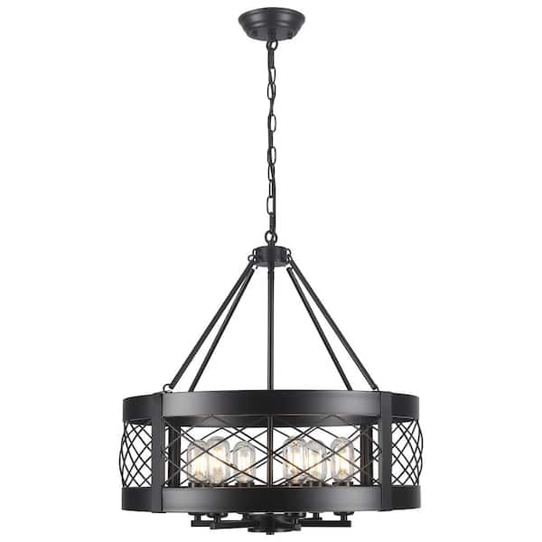 6-Light Black Adjustable Dining Room Chandelier, Farmhouse Chandelier with Metal Shade