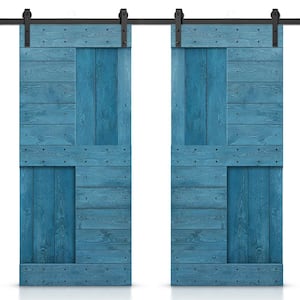 60 in. x 84 in. Ocean Blue Stained DIY Knotty Pine Wood Interior Double Sliding Barn Door with Hardware Kit