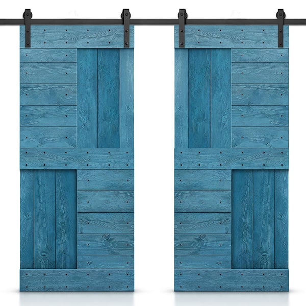 CALHOME 72 in. x 84 in. Ocean Blue Stained DIY Knotty Pine Wood Interior Double Sliding Barn Door with Hardware Kit